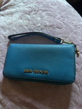 Michael Kors Teal Saffiano Leather Wristlet